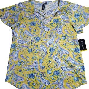NWT Zoe Phoebe Yellow Paisley Top Criss Cross V-Neck spring garden stretchy